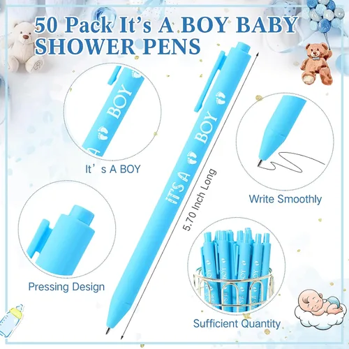 Vista 3 de Geyoga 50 juegos de marcadores para baby shower, 50 bolígrafos para baby shower, 50 marcadores y bolsas de organza para invitados, premios para Azul