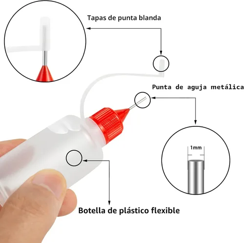 Vista 2 de 18 piezas de botellas aplicadoras de pegamento de punta de aguja de precisión, 6 colores de 30 ml/1 oz botella de compresión de punta de aguja fina