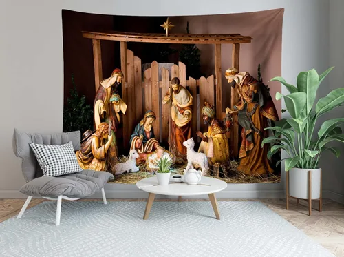 Vista 4 de Loccor Tapiz de escena del Nacimiento de Navidad, escena del pesebre, figuras de Jesús, Virgen María, tapiz para colgar en la pared, arte de pared