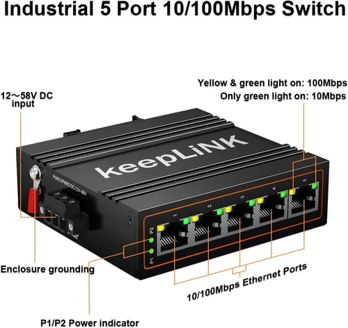 Vista 3 de Conmutador Ethernet industrial de 5 puertos, conmutador de red de riel DIN de 10/100 Mbps no administrado, IP40, rango de temperatura