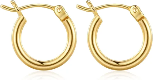 Vista 11 de Aretes de aro de oro para mujer chapados en oro real de 14 quilates con poste de plata de ley 925 Dorado