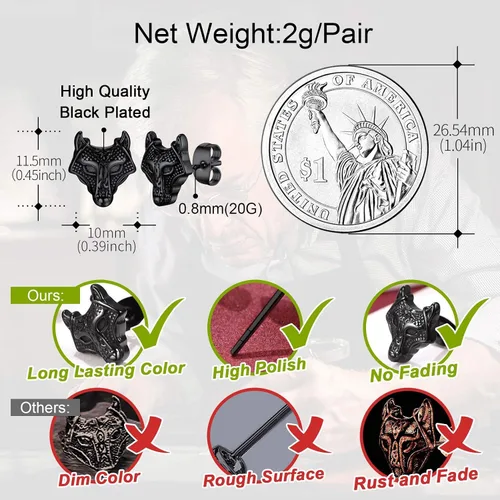 Vista 4 de FaithHeart Norse Vikingo Jewelry - Aretes de tuerca de plata de ley de acero inoxidable, lobo celtamartillo de Thors para mujeres y hombres, Acero