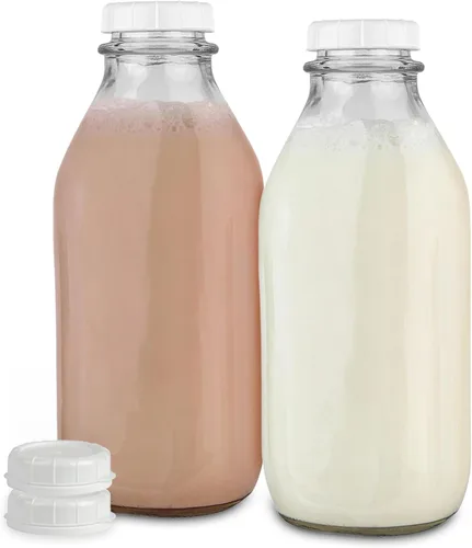 Vista 10 de Stock Your Home Botella de leche de vidrio de un litro con tapa (paquete de 1) jarras de 32 onzas y 3 tapas blancas, contenedor de leche