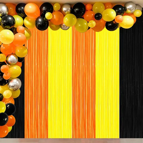 Vista 3 de Decoraciones de Fiesta de Cumpleaños de Construcción, Telón de Fondo de Flecos de Aluminio Naranja Negro Amarillo, Decoraciones de Fiesta de Camión