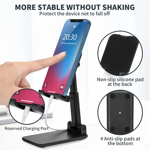 Vista 3 de HOTEMIA Soporte para teléfono celular, soporte plegable ajustable para teléfono para escritorio, soporte de iPhone compatible con todos los Negro
