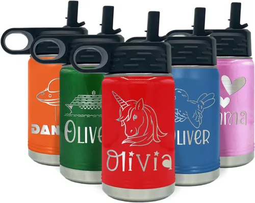 Vista 43 de Botella de agua para niños personalizada con nombre en botella de agua aislada con anillo verde mate de 12 onzas
