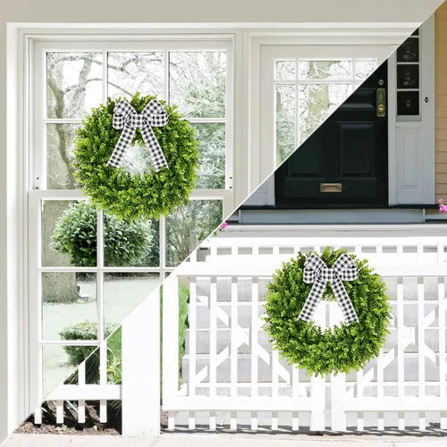 Vista 5 de Vlorart - Corona de boj artificial de 20 pulgadas, corona de puerta delantera con decoración de primavera y verano, con un lazo y una faja