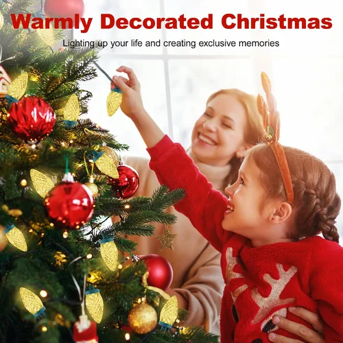 Vista 2 de Luces de Navidad C9 LED para exterior, 50 LED, 32 pies, luces de cadena C9 para Navidad, bombillas de fresa enchufables, conectables, certificadas