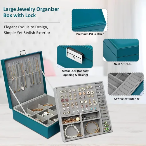 Vista 3 de SIMBOOM Joyero organizador para mujeres y niñas 2 capas de almacenamiento de joyas grande con cerradura organizador de joyas y relojes de cuero
