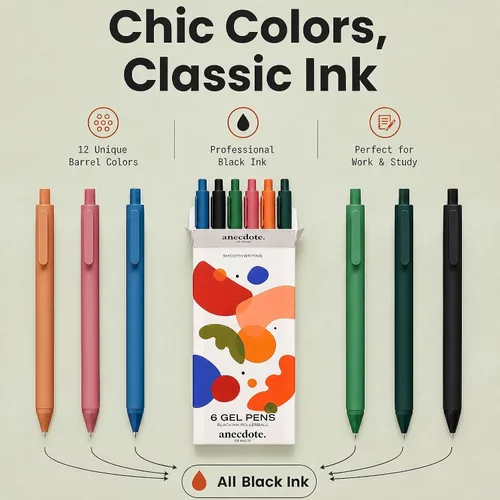 Vista 4 de ANECDOTE. Journaling Pens Set (6 Pack) Black Ink Planner Pens, Fine Point Pens (0.5mm) Cute Journal Accessories, Retractable Gel Pen Set, Smooth