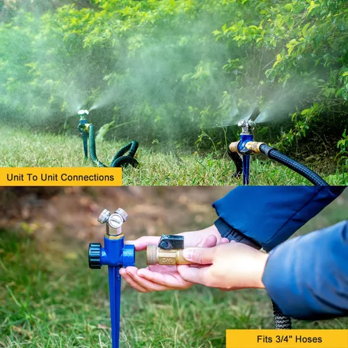 Vista 4 de ESOW Aspersor de metal con espigas de nebulización, paquete de 2, estaca de riego suave de 3 cabezales, espray fino de 360° para cama de flores