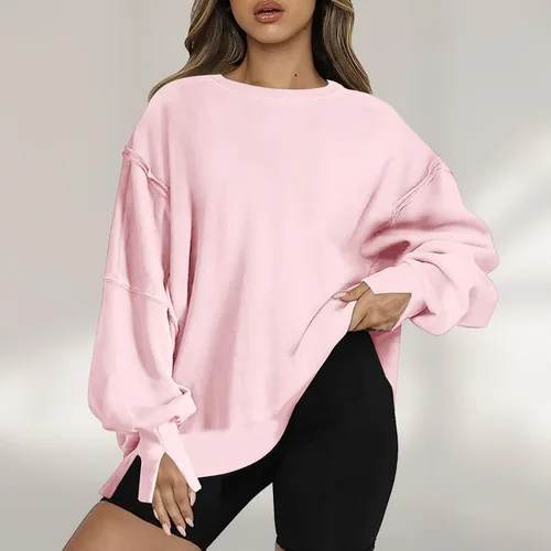 Vista 4 de Ceboyel Sudadera de gran tamaño para mujer 2023, color sólido, cuello redondo, suéter con abertura lateral, cómodo ropa de moda de otoño