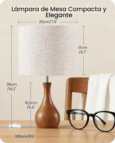Vista 3 de LE09TLP205 - Juego de 2 lámparas de mesa de madera, lámpara de noche pequeña con pantalla de lino beige y base de madera natural oscura, lámpara