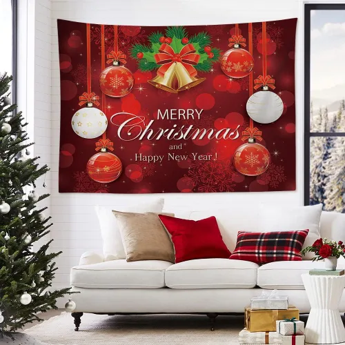Vista 3 de OTOSTAR Tapiz de Navidad con diseño de bola de Navidad, Feliz Navidad y Feliz Año Nuevo, tapiz para colgar en la pared, adornos de Navidad, adornos