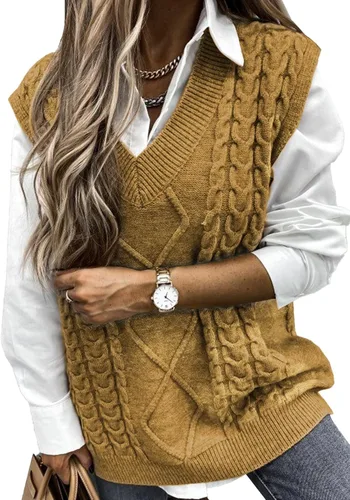 Vista 21 de EVALESS Chaleco Suéter de Gran Tamaño para Mujeres Cuello en V Sin Mangas Color Sólido Suéter Pullover Suelto 1 caqui.
