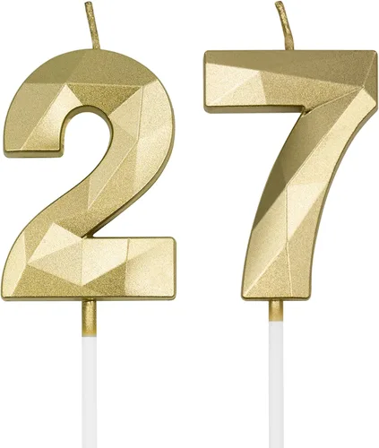 Vista 9 de Velas de cumpleaños de 27 y 72 para pastel, número plateado 27 72 3D con forma de diamante, decoración de cumpleaños, suministros de fiesta