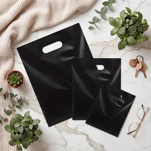 Vista 5 de Saintrygo 120 bolsas de compras negras de 2.36 mil con asas de 6 x 8/8 x 12/10 x 14 pulgadas, bolsas de plástico reutilizables para regalo, bolsas