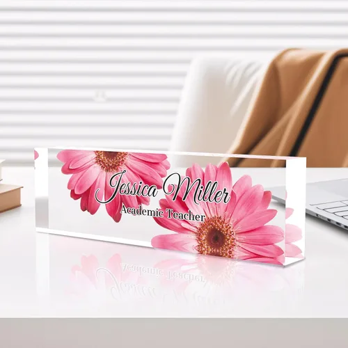 Vista 89 de Placa de identificación personalizada para escritorio, decoración de oficina de acrílico transparente con diseño de flores, decoraciones