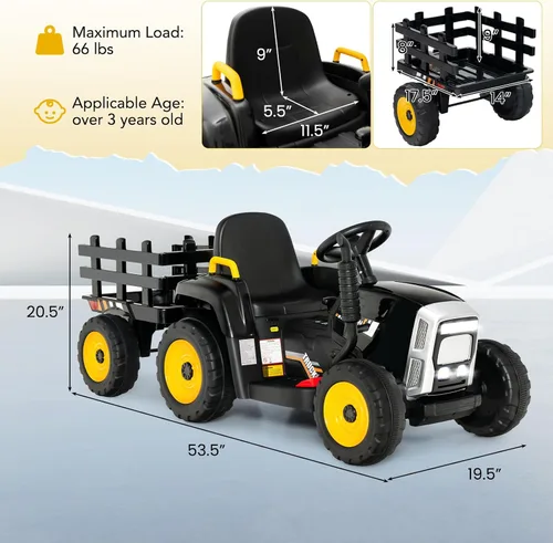Vista 7 de DORTALA Tractor de paseo para niños con remolque (negro)