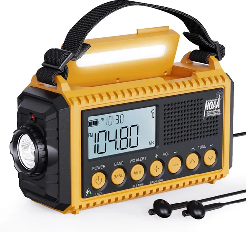 Vista 10 de Radio de emergencia de 12000 mAh - Alerta meteorológica AUTO NOAA, manivela solar AM/FM/SW/NOAA, linterna, cargador de teléfono, sirena SOS, kit