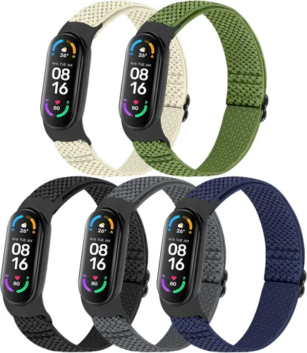 Vista 10 de TumpCez Paquete de 5 correas de nailon Solo Loop compatibles con Xiaomi Mi Band 7 6 5 4 3/Amazfit Band 5 correas, ajustable, transpirable, cómoda