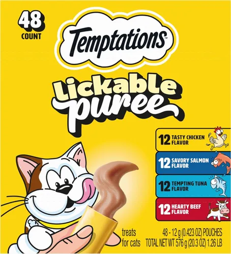 Vista 27 de Temptations Creamy Puree Golosinas Húmedas Exprimibles Lamibles para Gatos con Hígado de Res, Tubos de 0.42 oz., 4 Unidades, Paquete de 11 (44 Total)