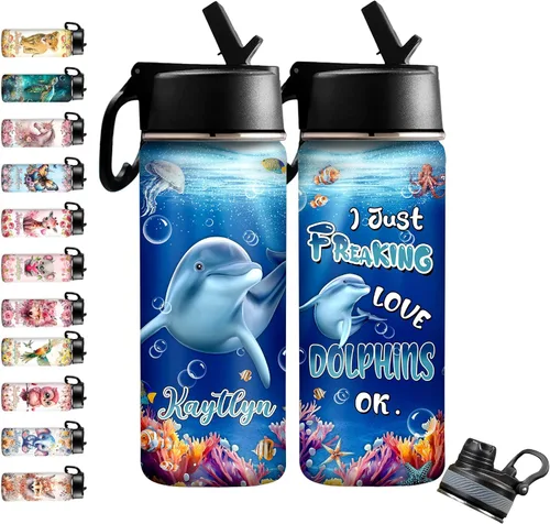 Vista 10 de InterestPrint Botella de agua personalizada para niños de 18 onzas con tapa de pajilla, botella de agua aislada de doble pared de acero inoxidable