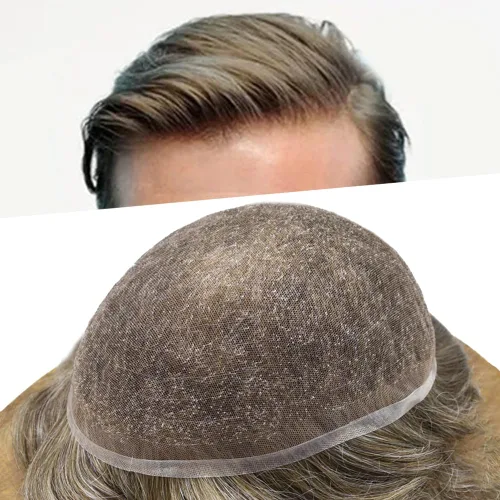Vista 46 de Completo suizo encaje tupé para hombres pieza de pelo real sistema de reemplazo de cabello humano para hombres Toupee Hairpieces para hombres 7x9