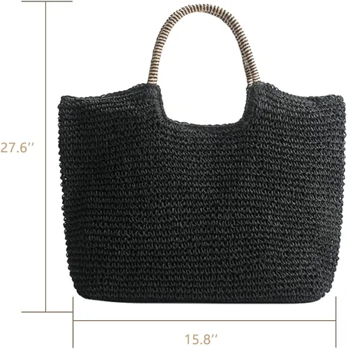Vista 2 de QTKJ Bolso de hombro de paja grande suave tejida a mano bolso de playa negro bohemio con asa de paja retro de verano bolso de ratán negro Negro 118x