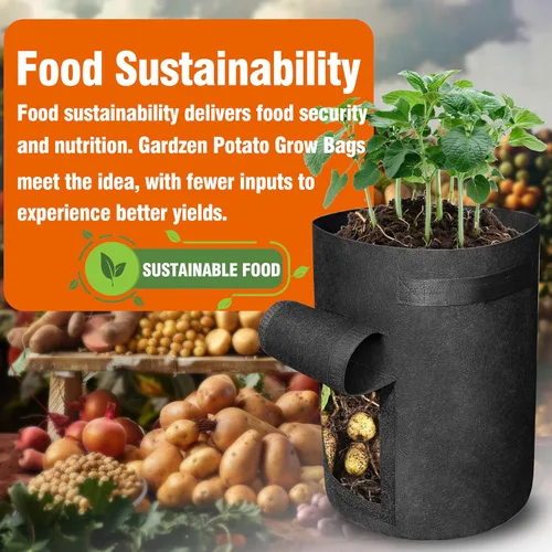 Vista 4 de Gardzen Paquete de 6 bolsas de cultivo de verduras sin BPA de 10 galones con solapa de acceso y asas, adecuadas para plantar papas, taro