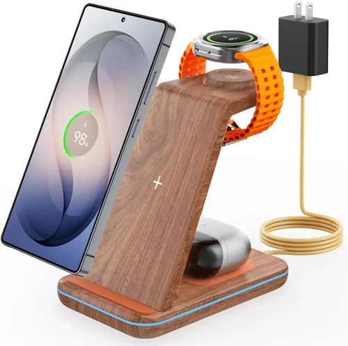 Vista 10 de Cargador inalámbrico para Samsung y Android: estación de carga JoyGeek 3 en 1 para S26/S25/S24/S23/S22/S21/S20/Note20/Z Fold&Flip, Galaxy