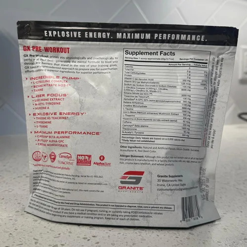 Vista 3 de Granite GX - Suplemento para antes del entrenamiento, sabor de poder ácido, apoya la concentración, la energía y el rendimiento con teacrina
