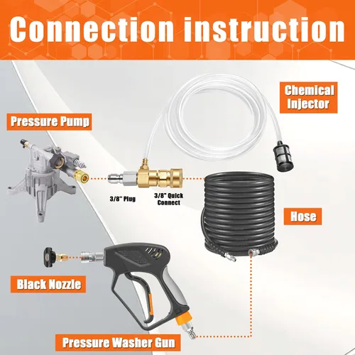 Vista 8 de PWACCS Inyector químico para lavadora a presión, kit de inyector aguas abajo con conectores de 3/8 pulgadas, 2-3 GPM, 3200 PSI