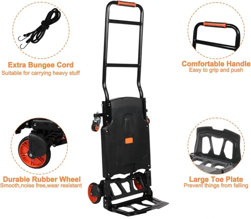 Vista 4 de Carro de mano plegable, camión de plataforma de doble propósito con plegado de un botón, carrito de equipaje portátil de cama plana con cordón