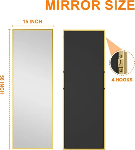 Vista 9 de Espejo de pie de longitud completa, espejo de piso grande de 15 x 56 pulgadas con marco de aluminio para puerta, dormitorio, baño, sala de estar