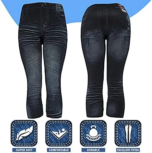 Vista 5 de J.ann - Leggings cortos para mujer con estampado de mezclilla (talla SM o L)