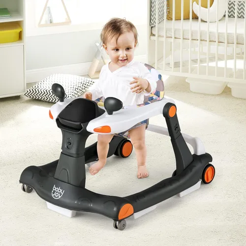 Vista 9 de BABY JOY Andador de bebé 2 en 1, caminador de actividad plegable con altura y velocidad ajustables, música, luces, espejos, cojín de asiento