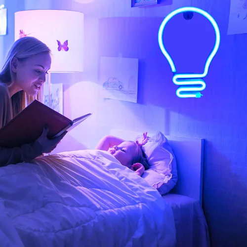 Vista 6 de Letreros de neón con bombilla azul, luz nocturna LED, carga USB, funciona con pilas, luces de pared de neón decorativas para habitación de niños