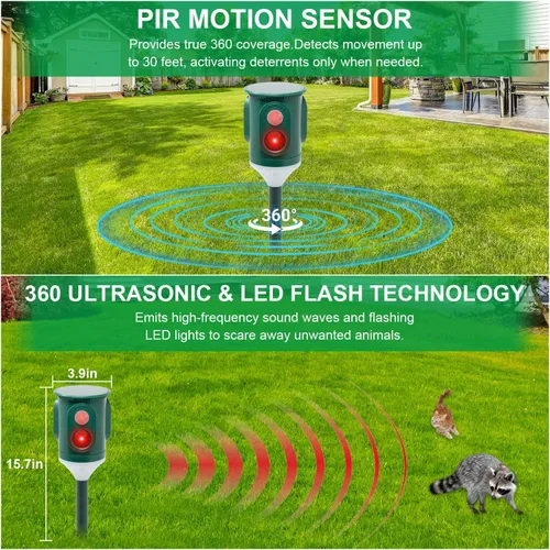 Vista 5 de Repelente solar ultrasónico de animales para exteriores, disuasorio de plagas activado por movimiento de 360° con luz estroboscópica, protección