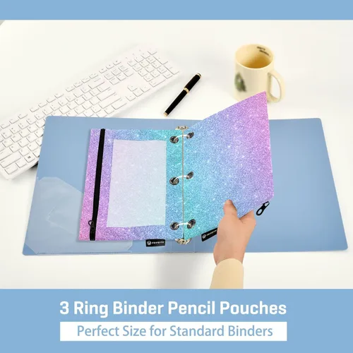 Vista 5 de Gredecor Estuche para lápices con 3 anillos con purpurina azul y rosa con cremallera, 2 unidades, organizador transparente para carpeta escolar