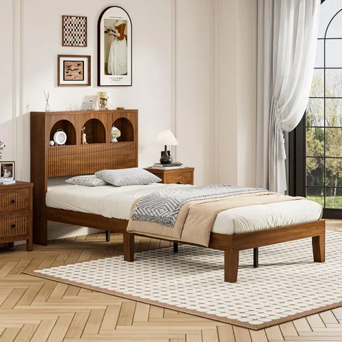 Vista 7 de Lxsxlome - Marco de cama individual con cabecera ondulada, cabecera de madera con 3 compartimentos de almacenamiento arqueados, plataforma de cama