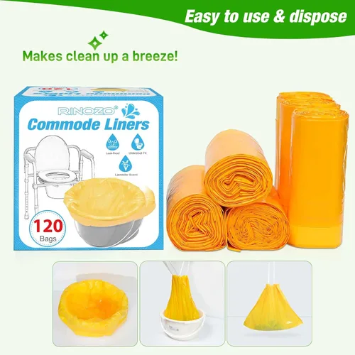 Vista 5 de Forros desechables para inodoro portátil de cama RINOZO, 120 unidades con aroma a lavanda, bolsas de residuos universales para adultos