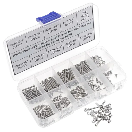 Vista 6 de Juego surtido de tornillos Phillips de cabeza plana de acero inoxidable #2-56 UNC y tuercas 220PCS, 9 Sizes, 5/32" to 1" Length, Imperial