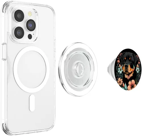 Vista 4 de Rottweiler - Lindo arte floral para cachorros, diseño floral, color negro, PopSockets MagSafe PopGrip para iPhone