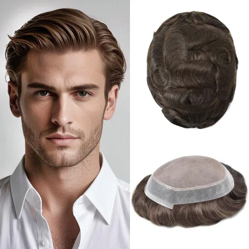 Vista 23 de Monofilamento fino para hombre, sistema de cabello humano Remy, piel de polietileno transparente alrededor del postizo de monofilamento, peluca