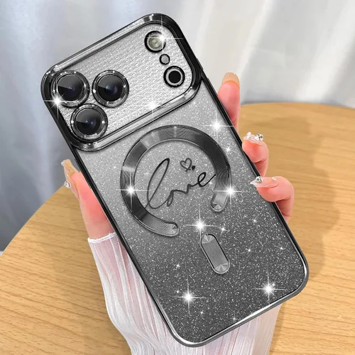 Vista 64 de ZIYE Funda Magnética Diseñada para iPhone 14 Funda con Purpurina Plateado de Lujo Corazón de Amor Compatible con MagSafe Funda Transparente con Negro