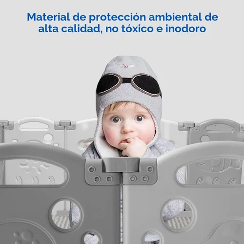 Vista 3 de Albott Corralito para bebés, valla plegable mejorada de 14 paneles con panel de juego y puerta de seguridad, forma ajustable, patios de juegos Gris