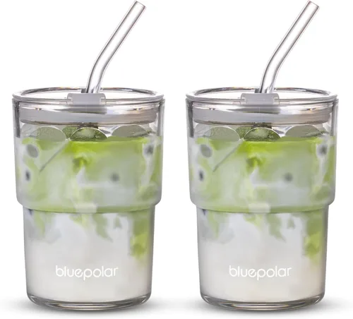 Vista 14 de BLUEPOLAR Vaso de Agua de Vidrio de 13oz/400ml con Pajita y Tapa Sellada para Llevar Pared Gruesa Taza de Café Helado Vaso de Vidrio para Agua, Té