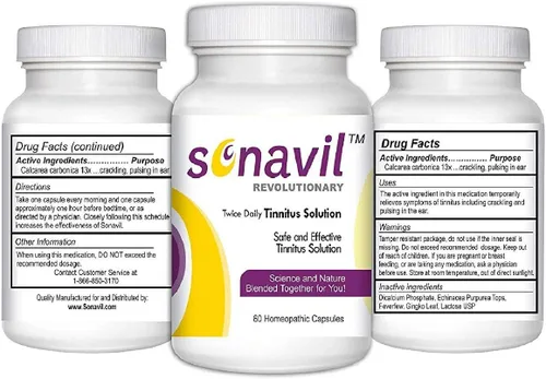 Vista 2 de Alivio del tinnitus que incluye zumbido en los oídos, clics, rugidos, zumbidos con Sonavil natural. Tratamiento #1 para el tinnitus especialmente