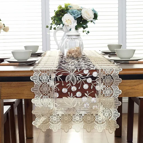 Vista 2 de Camino de mesa bordado de flores de encaje, rectangular, para bodas, fiestas, despedidas de soltera, comedor, decoración de mesa auxiliar, 16 x 48
